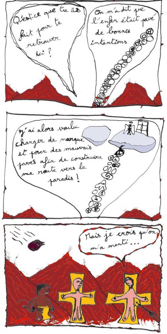 comic strip au pied de la lettre sur citation l'enfer est pavé de bonnes intentions